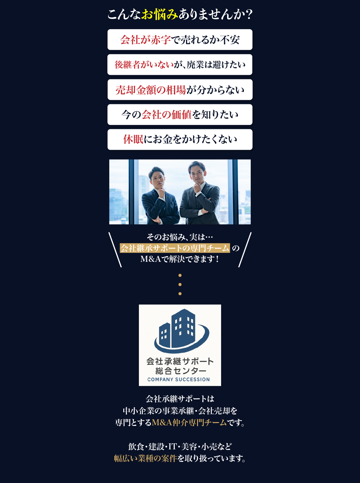 こんなお悩みありませんか?会社承継サポートならM&Aで解決できます!