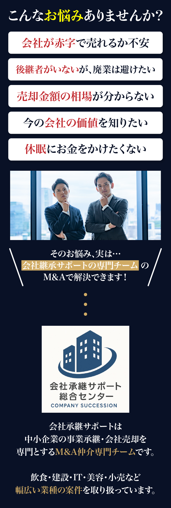こんなお悩みありませんか?会社承継サポートならM&Aで解決できます!